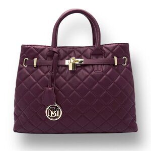 New‎ Badgley Mischka Plum Big Diamond Quilted Tote Bag Gold Lock Vegan Leather